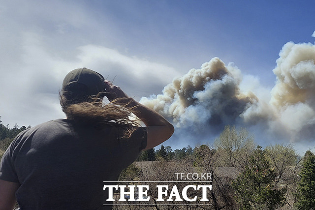 19일(현지시간) 미국 애리조나에 발생한 대형 산불이 발생한 가운데 플래그스태프 외곽의 한 주민이 하늘 위로 피어오르는 산불 연기를 바라보고 있다. /애리조나=AP.뉴시스