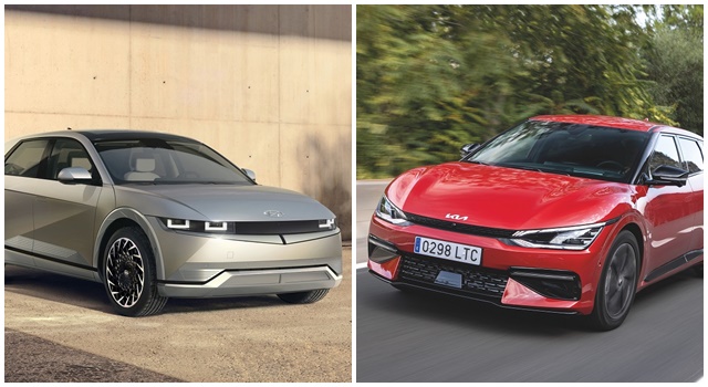 현대차 전용 전기차 아이오닉 5(왼쪽)와 기아 EV6가 최근 독일 자동차 전문 매거진 아우토 모토 운트 슈포트가 진행한 4개 SUV 전기차 비교 평가에서 나란히 1, 2위에 올랐다. /현대차, 기아 제공