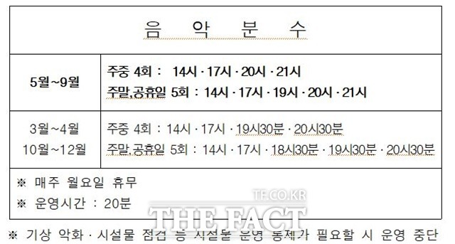 예당호 출렁다리 음악분수 시간 편성표.