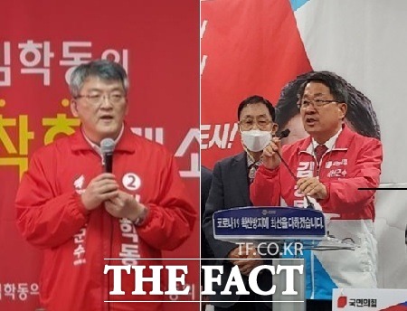 김학동 현 군수(왼쪽), 김상동 예비후보/예천=신성훈 기자