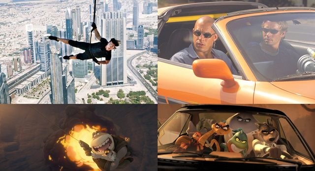 영화 배드 가이즈가 미션 임파서블의 고층 빌딩 액션 장면(사진 왼쪽 위, 아래)과 분노의 질주의 카체이싱 장면(사진 오른쪽 위, 아래)을 오마주해 화제다. /각 영화 스틸컷