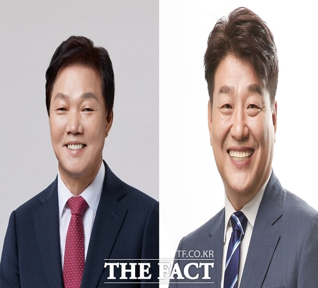 1일 오후 7시 30분 방송 3사 공동 출구조사 결과가 발표되자 국민의힘 박완수 후보(왼쪽)와 민주당 양문석 후보의 희비가 엇갈렸다./각 캠프 제공