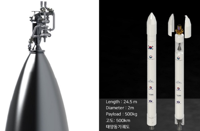 대한항공이 과학기술정보통신부 주관 소형 발사체 개발역량 지원 사업 대상으로 선정, 소형 발사체 상단부 고성능 엔진 개발에 착수한다고 3일 밝혔다. 사진은 발사체의 상단부에 들어갈 3t급 엔진과 2단으로 구성된 소형 우주 발사체 예상도. /대한항공 제공