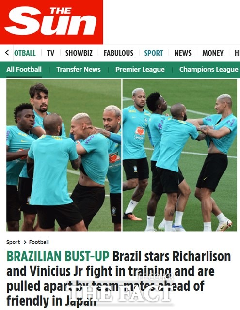 브라질 대표팀이 6일 일본과 친선경기를 앞두고 훈련 도중 선수들끼리 몸싸움을 벌였다고 영국 매체 더 선이 5일 보도했다./더 선