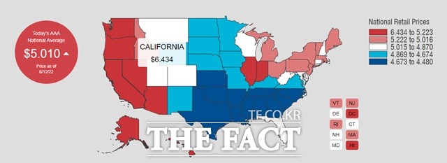 미국 휘발윳값 전국 평균과 최고 비싼 주 캘리포니아주 가격 비교. 사진=미국전미자동차협회