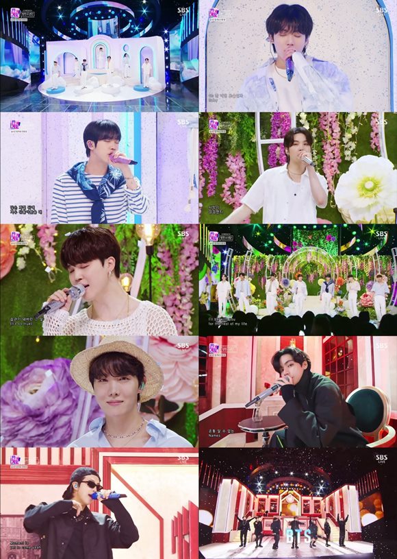 방탄소년단이 SBS 인기가요에서 타이틀곡 Yet To Come으로 1위를 차지, 음악방송 4관왕을 달성했다. /방송화면 캡처