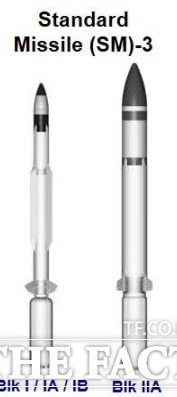 미국의 SM-3 탄도미사일 요격기 비교. 오른쪽이 블록2A로 사거리를 늘리고 속도를 높이기 위해 지름을 키웠고 2가지 색의 적외선 시커를 장착하고 있다./미사일방어청