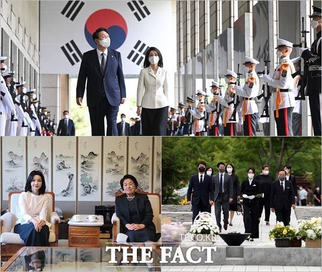 윤석열 대통령의 부인 김건희 여사가 23일 오전 고 김영삼 전 대통령의 부인 손명순 여사의 서울 상도동 자택을 찾아 예방했다고 대통령 대변인실이 밝혔다. 윤 대통령과 김 여사가 지난 17일 서울 용산구 전쟁기념관에서 열린 국가유공자 및 보훈가족 초청 오찬에 앞서 국군 전사비 명비(고 조응성 하사)를 찾아 참배한 뒤 오찬장으로 향하는 모습(위). 아래는 김 여사가 16일 이순자 여사를 예방(왼쪽)한 모습과 13일 경남 김해 봉하마을을 방문해 고 노무현 전 대통령 묘역에 참배하는 모습. /대통령실 제공