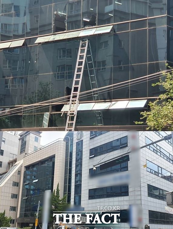 (위)사고 직후 유리창 곳곳이 깨져있는 빌딩 (아래) 사고 한달이 지난 후 빌딩