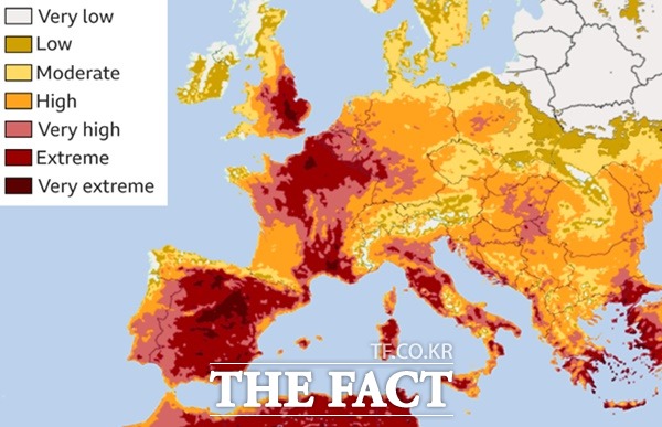폭염 등에 따른 유럽 화재 위험 예보 현황. 사진=BBC