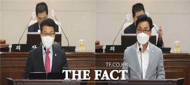 김덕배 의원(왼쪽)과 권영식 의원(오른쪽)이 5분 자유발언을 하고 있다. / 홍성군의회 제공