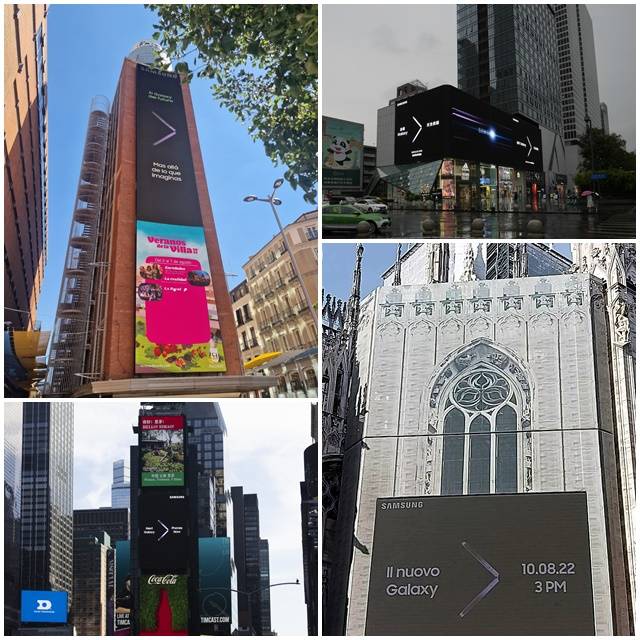 스페인 마드리드 카야오 광장, 중국 청두 타이쿠리 지역, 이탈리아 밀라노 두오모 광장, 미국 뉴욕 타임스스퀘어의 디지털 옥외 광고 사진(왼쪽 위부터 시계방향) /삼성전자 제공