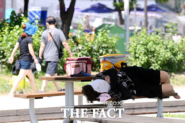 지난달 30일 오전 서울 영등포구 여의도 한강공원에서 시민들이 더위를 피하고 있다./이선화 기자