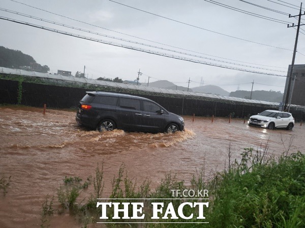 안산시 대부도 폭우로 침수된도로 차량통행./안산 이상묵기자