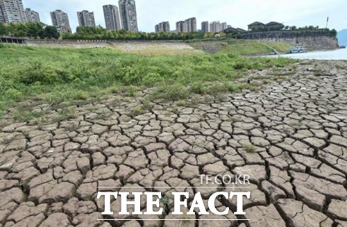 60년 사이에 최악인 폭염과 가뭄으로 수위가 낮아지면서 드러난 중국 쓰촨시 강변 바닥이 거북등처럼 갈라져 있다./SCMP