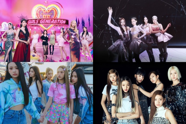 소녀시대, 블랙핑크, 아이브, 뉴진스(이상 왼쪽 위부터 시계 방향)가 음원차트 톱5를 형성했다. 2,3,4세대 걸그룹이 경쟁하는 보기 드문 모습이다. /각 소속사 제공