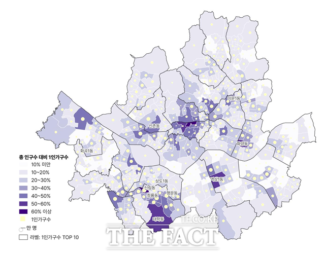 서울에서 인구 대비 1인가구가 가장 많은 지역은 관악구 신림동과 중구 을지로동인 것으로 분석됐다. 인구 대비 1인가구수 분포도. /서울시 제공