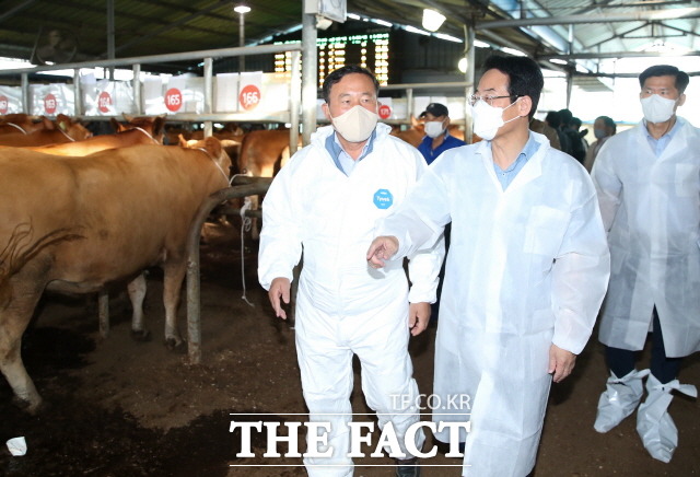 강진원 군수가 추석맞이 대목장을 방문하여 한우농가 격려와 의견을 청취하고 있다/강진군 제공