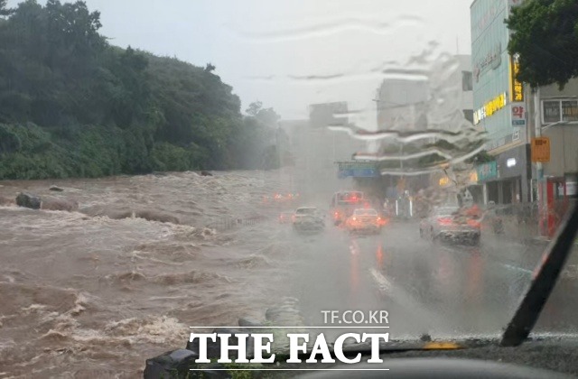 태풍 힌남노가 제주도를 통과하기 하루 전 제주시 하천 수위가 높아지고 도로에선 강한 빗줄기로 차량 운전자들이 난항을 겪었다. /독자 제공