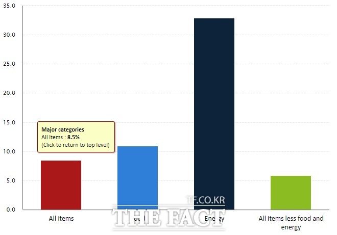 미국의 7월 소비자물가지수(CPI) 주요 항목 상승률. /미국 노동통계국