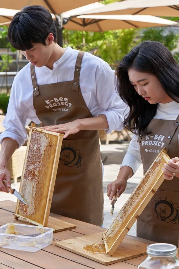 KB금융 황선우 선수와 이예원 선수가 KB국민은행 본점 옥상에 조성된 K-Bee 도시양봉장에서 올해 첫번째 꿀 수확 행사를 가졌다. /KB금융 제공