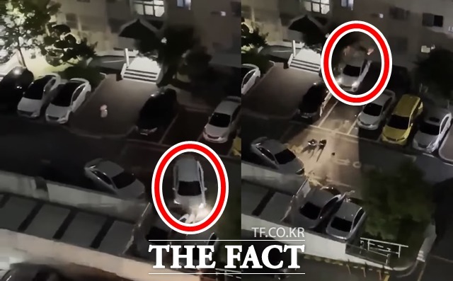 21일 김해시 한 아파트 주차장에서 80대 운전자가 주차된 차량 7대를 잇달아 들이받는 사고가 발생했다./보배드림 갈무리