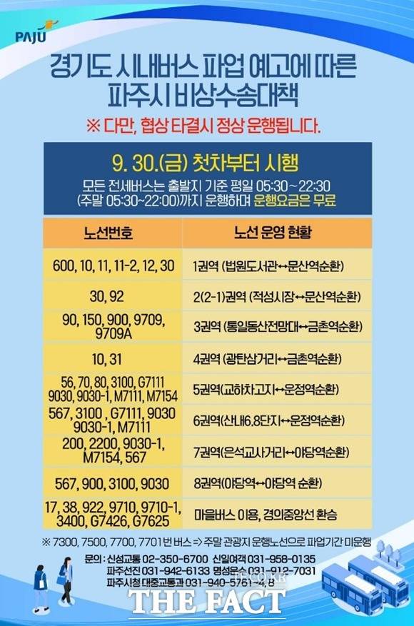 파주시는 경기도버스노동조합협의회의 총파업 예고에 따라 오는 30일 첫 차부터 비상수송대책을 마련해 시행한다./파주시 제공