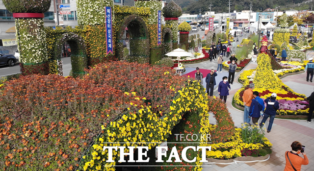 예산군농업기술센터가 궁전게이트, 봉황, 꽃볼 등 새로운 국화 조형물을 선보였다. / 예산 = 최현구 기자