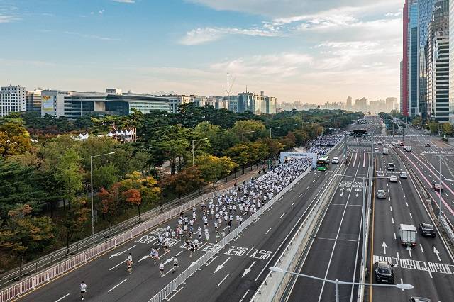 마라톤 대회 파이널런에는 3000명이 참석해 서울 여의도공원에서 서강대교까지 왕복하는 10km 코스를 달렸다. 파이널런에서 참가자들이 서울 여의도 일대를 달리는 모습. /현대차 제공