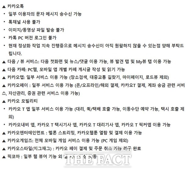 카카오가 15일 SK C&C 판교 인터넷데이터센터 화재 여파로 발생한 서비스 장애 복구 현황을 공유했다. /카카오 공지화면 캡쳐