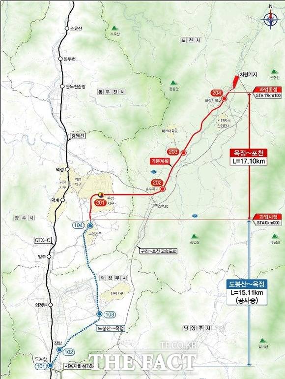 7호선 연장 옥정~포천 광역철도 노선도./경기도 제공