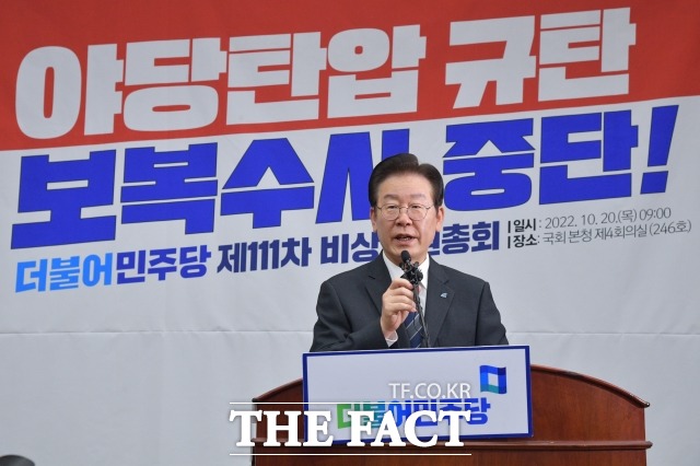 이재명 더불어민주당 대표가 20일 오전 서울 여의도 국회에서 열린 긴급의원총회에서 인사말을 하고 있다. /남윤호 기자