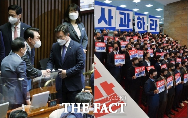 민주당은 시정연설에 불참하고 규탄 대회를 진행했다. 5개월 전과 확연히 달라진 모습이다. /국회사진취재단