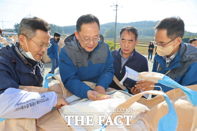 명현관 해남군수가 해남군 북일면 신월마을 공공비축미곡 건조벼 수매 현장을 찾았다/해남군 제공