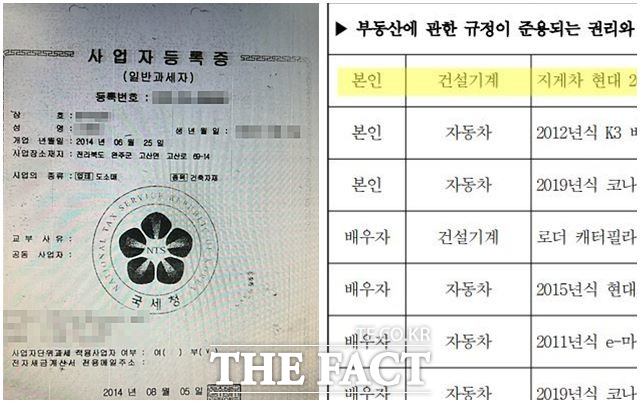 서남용 완주군의장 부인이 운영하는 K건재 사업자 등록증(왼쪽)과 전북도보에 기재된 서 의장 명의의 지게차. /완주=이경민 기자