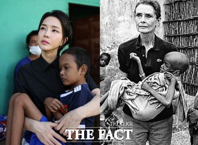 지난 12일(현지시간) 캄보디아 프놈펜에서 심장 질환을 앓고 있는 어린이를 안고 있는 김건희 여사의 모습과, 1992년 소말리아 바이도아의 유니세프 급식소에서 영양실조 아동을 안고 있는 오드리 헵번의 사진/온라인 커뮤니티