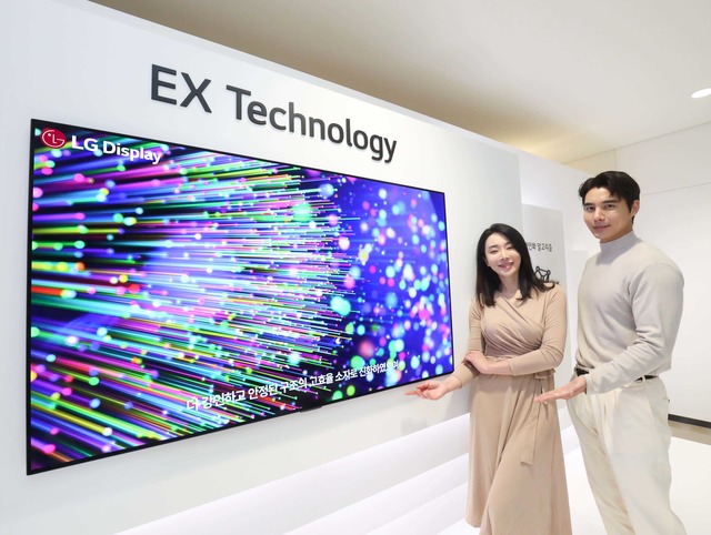 LG디스플레이 모델이 EX 테크놀로지가 적용된 OLED TV 패널을 소개하고 있다. /LG디스플레이 제공