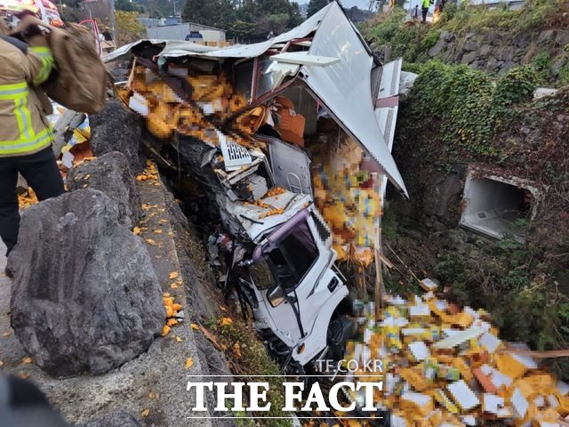 17일 오후 4시23분께 제주시 명도암교차로 인근에서 감귤을 실은 트럭이 도로 옆 도랑으로 추락, 운전자 A씨(59)가 크게 다쳐 병원으로 이송됐다./제주소방서 제공