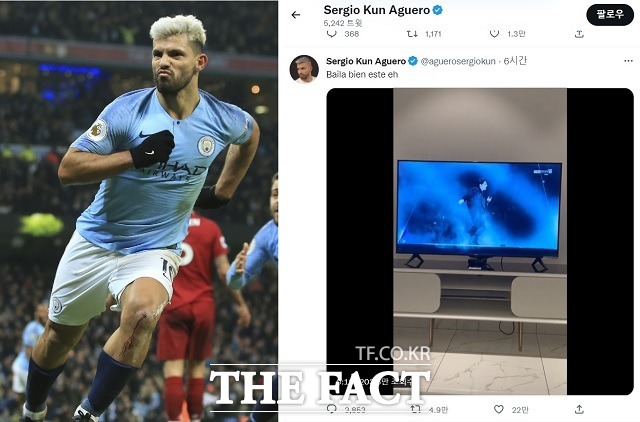 맨체스터 시티, 아틀레티코 마드리드, 바르셀로나 등에서 선수 생활을 했던 아르헨티나의 축구 스타 세르히오 아구에로(왼쪽)가 21일(한국시간) 자신의 SNS에 2022 카타르 월드컵 개막식을 TV로 시청한 인증 영상을 올려 화제를 모으고 있다. 아구에로가 이날 올린 영상에는 월드컵 개막식 무대를 수놓은 그룹 방탄소년단(BTS) 멤버 정국의 모습이 담겼다. /AP.뉴시스, 아구에로 SNS 캡처