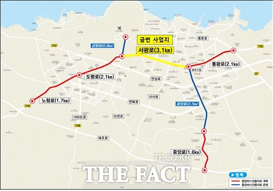 제주도는 이달말 중앙버스차로제 2단계 공사를 추진한다. 2025년까지 제주시내 가로변 차로 10.6㎞ 구간을 중앙버스차로로 전환할 계획이다./제주도제공.