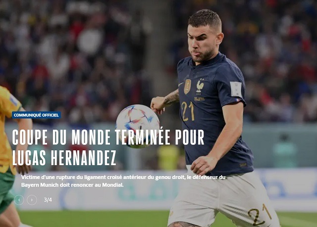 프랑스 축구연맹은 23일 홈페이지를 통해 뤼카의 십자인대 파열과 2022 카타르 월드컵 하차를 공식화 했다. /FFF 홈페이지 캡처