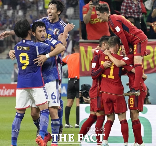 일본과 스페인이 월드컵 16강 티켓을 두고 전력을 풀가동한다. 양 팀은 이번 마지막 경기에서 16강 진출 여부를 결정짓는다. 사진은 일본(왼쪽)과 스페인(오른쪽)이 각각 독일, 코스타리카전에서 승리해 기뻐하고 있는 모습./도하(카타르)=신화.뉴시스