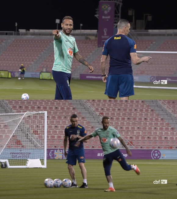 브라질 대표팀 간판스타 네이마르(위 사진 왼쪽)가 4일 카타르 도하의 알 아라비 SC스타디움에서 훈련을 하고 있다. /cbfTV 영상 캡처