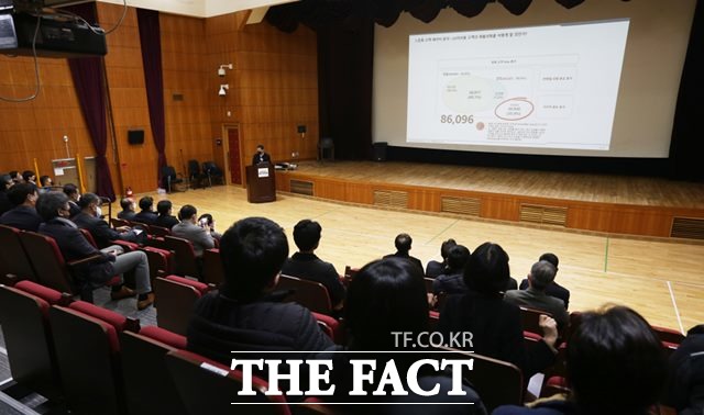9일 광명스피돔 광명홀에 경륜경정 직원들이 모여 경영현안에 대한 설명을 듣고 있다./경주사업총괄본부 제공