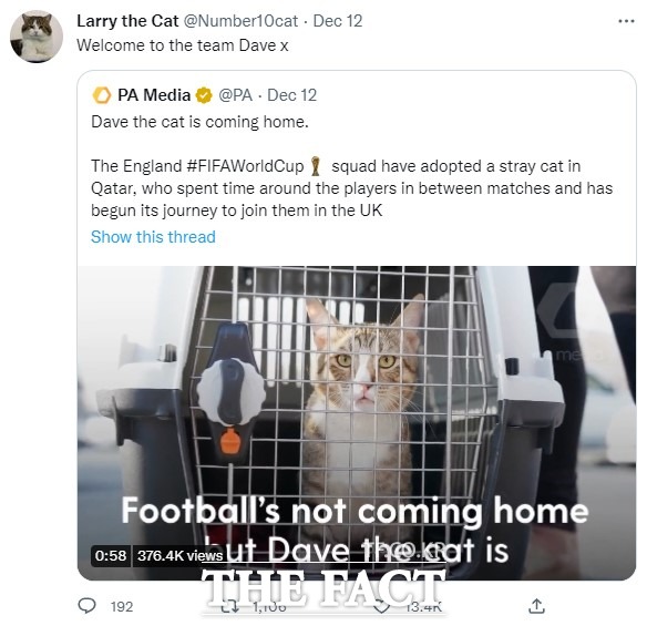 길고양이 데이브의 영국행 소식이 알려지자 영국 총리실의 수석 고양이 래리의 SNS에 인사메시지가 올라왔다./ 래리 공식 트위터