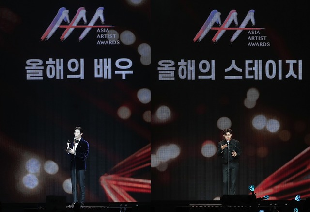 이준호(왼쪽)는 배우 부문 대상인 올해의 배우를 수상했고 임영웅은 대상인 올해의 스테이지를 비롯해 총 4관왕에 올랐다. /2022 AAA 제공