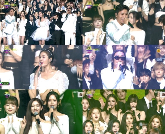 코요태는 16일 밤 8시 30분 방송된 가요대축제에 출연해 명실상부 국민그룹다운 라이브와 존재감을 확인시켰다. /KBS2 가요대축제 캡처