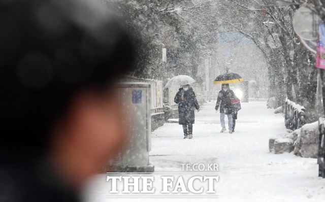 서울을 비롯한 수도권 대부분 지역에 대설주의보가 발효된 21일 오전 경기도 수원 장안구의 한 공원 주변 등굣길의 어린이들이 눈을 맞으며 학교로 향하고 있다./수원=임영무 기자