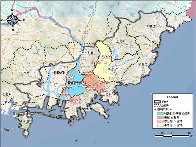 환경부의 비점오염원 관리지역으로 지정된 부산 11개 하천 구역도. /부산시 제공