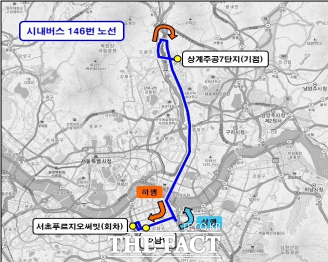 이른 새벽에 출근하는 근로자를 태우는 8146번 버스가 운행을 시작한다. 8146 노선도. /서울시 제공